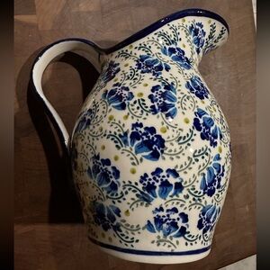 Floral Blue and White Polish Pottery Pitcher by Zaklady